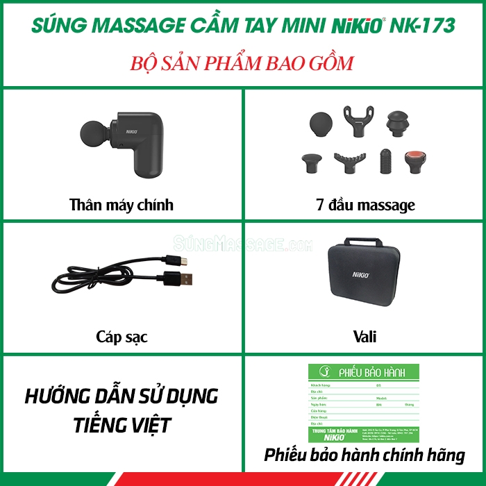  Bộ sản phẩm bao gồm của máy massage cầm tay mini có đầu nóng Nikio NK-173