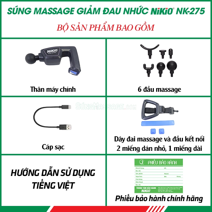 Bộ sản phẩm súng massage có dây đai giảm đau nhức giãn cơ toàn thân Nikio NK-275