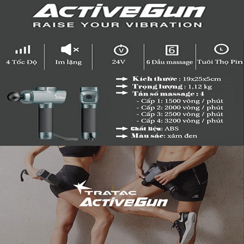 Súng massage gun điều trị đau mỏi cơ Korea ActiveGun 126W - 6 đầu